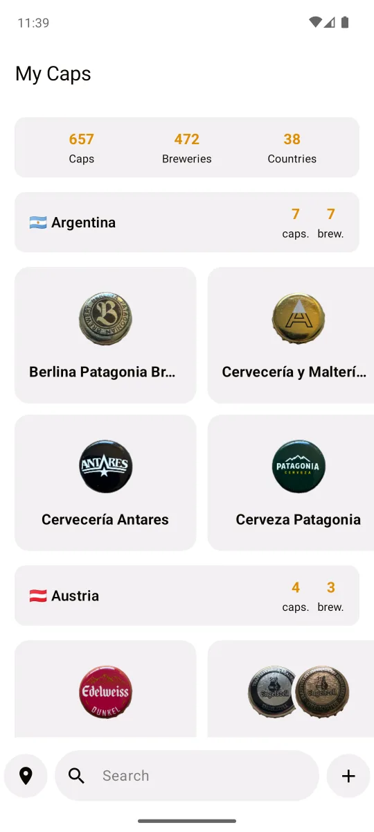 My Caps collection screen: 657 caps, 472 breweries, 38 countries, grouped by country
