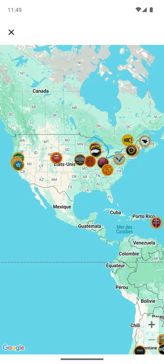 Map of North America with caps pinned on their breweries