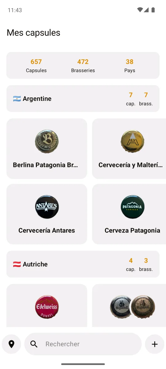 Écran de collection My Caps : 657 capsules, 472 brasseries, 38 pays, classées par pays
