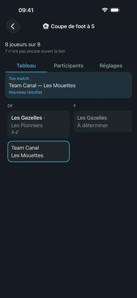 Tableau d'un tournoi de foot, demi-finales et finale